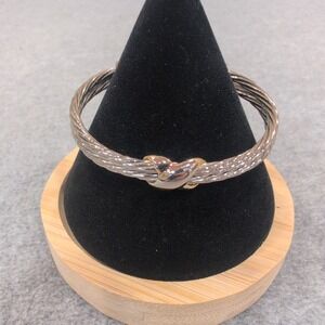 Silver Tone Twisted Cable Bangle Bracelet Gold Heart Knot Clasp